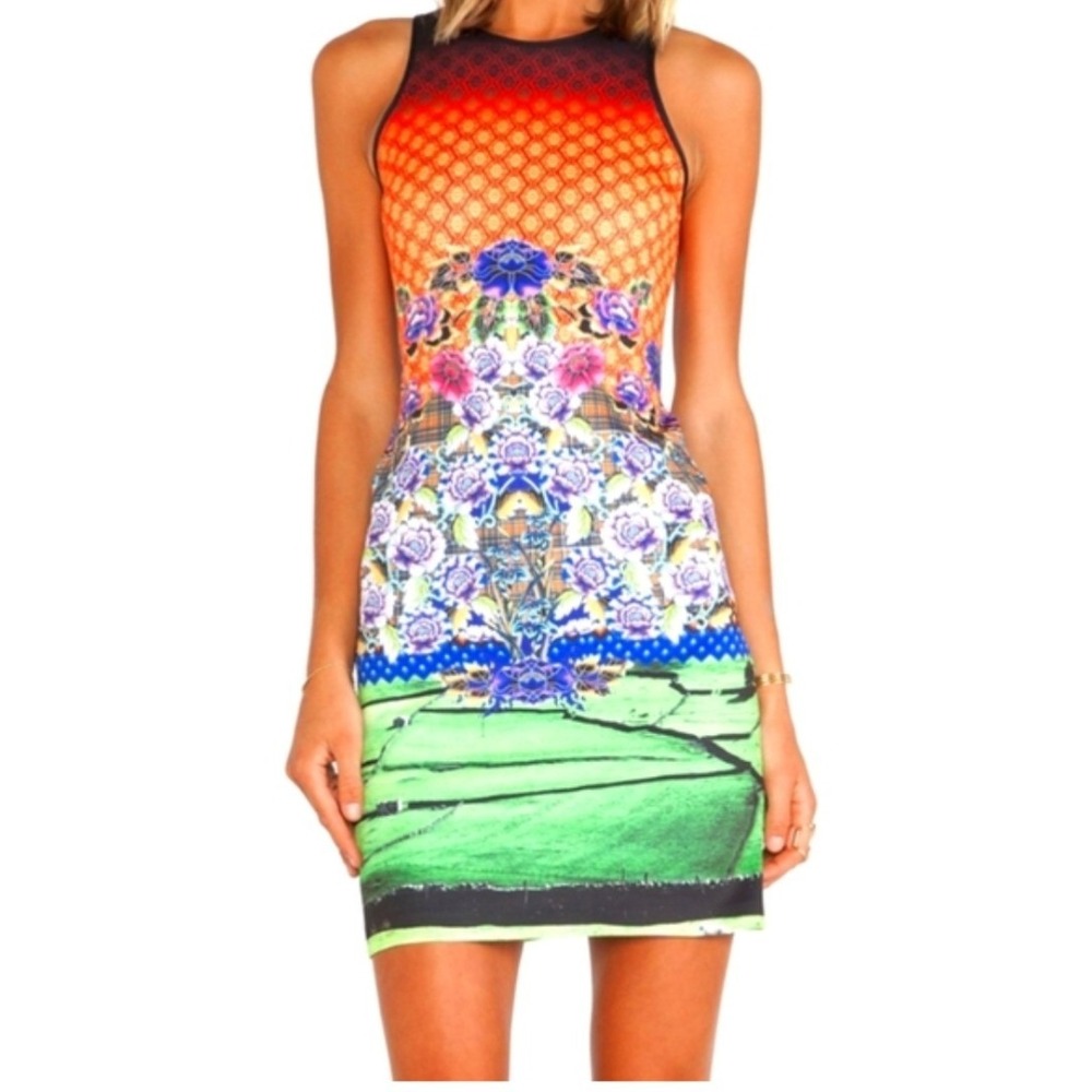 Clover Canyon Dress Large Multicolor Floral Neoprene Sleeveless Bodycon Mini